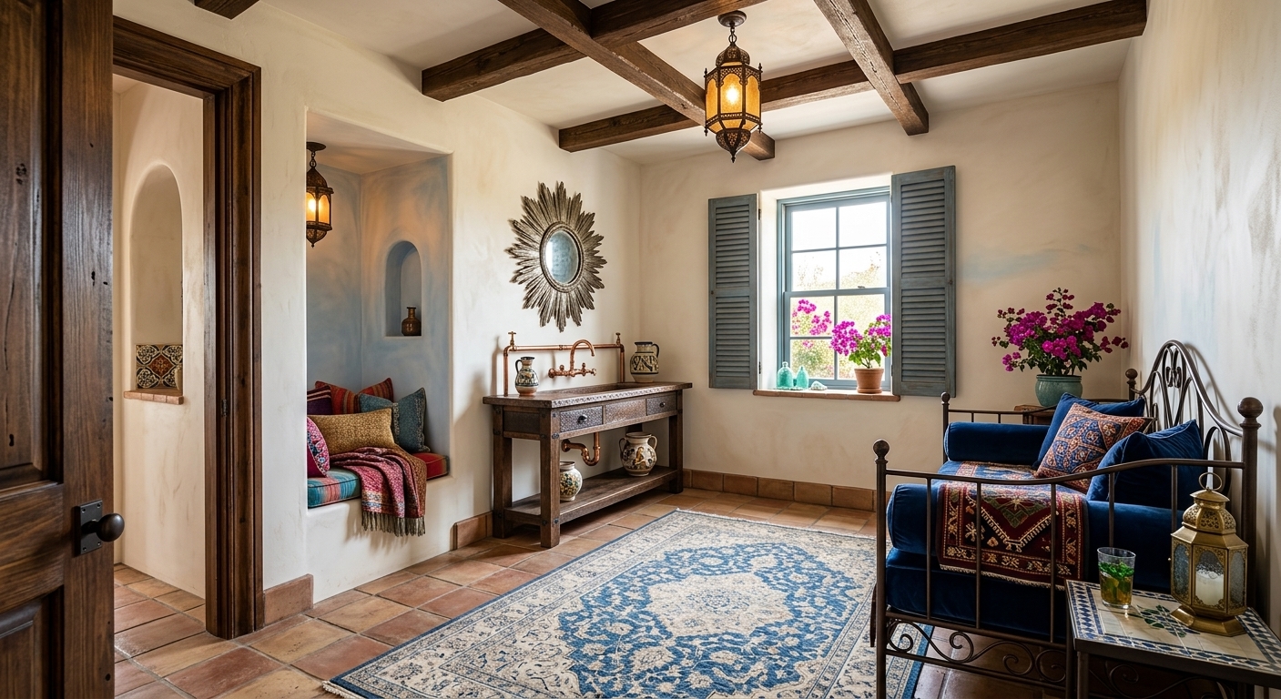 Redesigned Mediterranean room with warm furnishings
